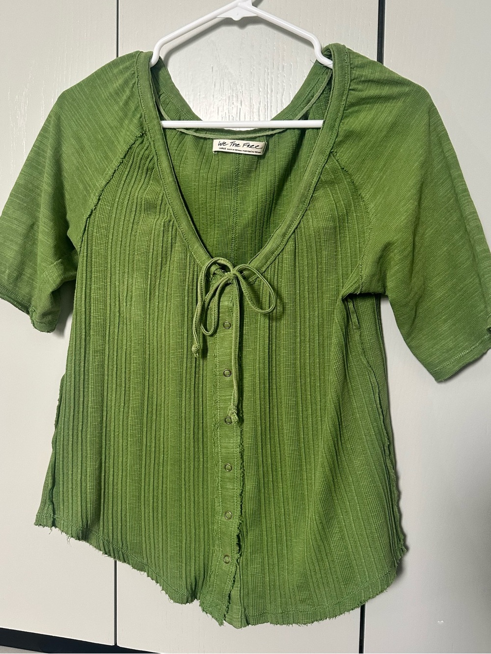We The Free Green Ribbed Tie-Front Short Sleeve Top